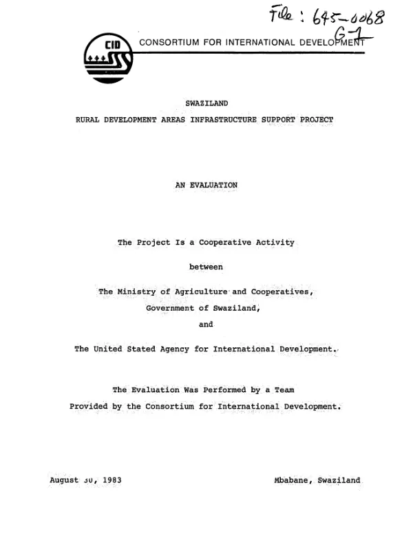 Swaziland rural development areas infrastructure support project, (AID 645-0068) : an evaluation