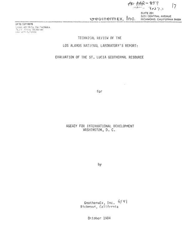 Technical review of the Los Alamos National Laboratory's report : evaluation of the St. Lucia geothermal resource for Agency for International Development, Washington, D.C.