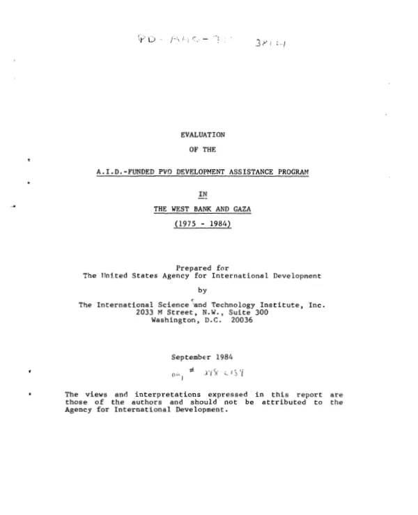 Evaluation of the AID funded PVO development assistance program in the West Bank and Gaza, (1975-1984)