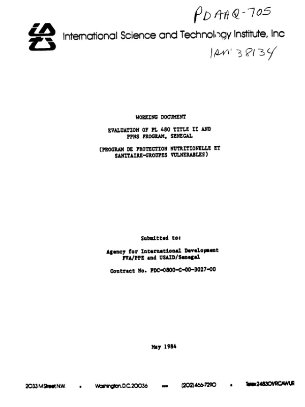 Working document : evaluation of PL-480 Title II and PPNS program, Senegal (program de protection nutritionelle et sanitaire - groupes vulnerables)