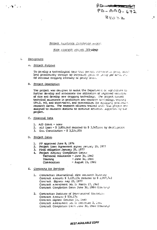 Project assistance completion report : rice research project 383-0040