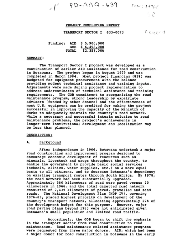 Project completion report : transport sector I, 633-0073