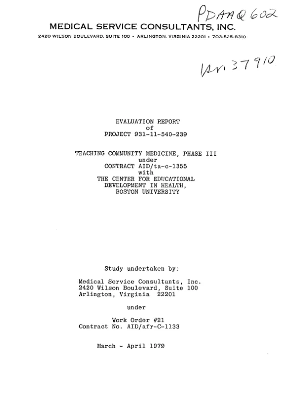 Evaluation report of project 931-11-540-239, teaching community medicine, phase III under contract AID/TA-C-1355 with the Center for Educational Development in Health, Boston University