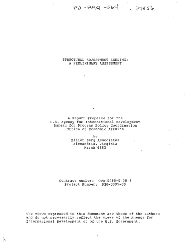 Structural adjustment lending : a preliminary assessment