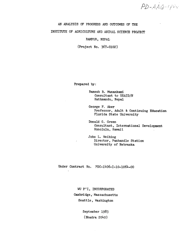Analysis of progress and outcomes of the Institute of Agriculture and Animal Science project, Rampur, Nepal