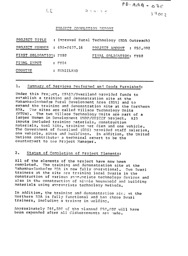 Project completion report : improved rural technology (RDA outreach)