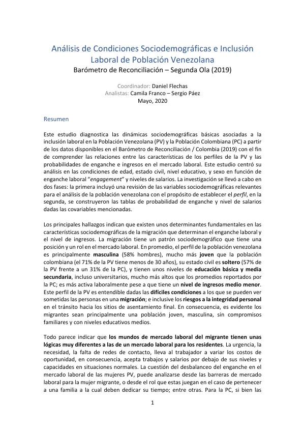 Analisis de Condiciones Sociodemograficas e Inclusion Laboral de Poblacion Venezolana - Barometro de Reconciliacion - Segunda Ola (2019)