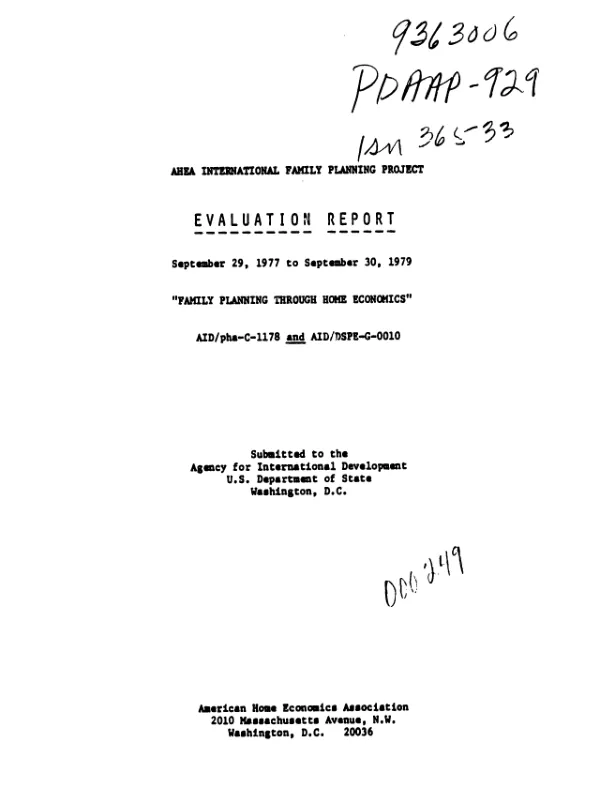 Evaluation report : September 29, 1977 to September 30, 1979, family planning through home economics