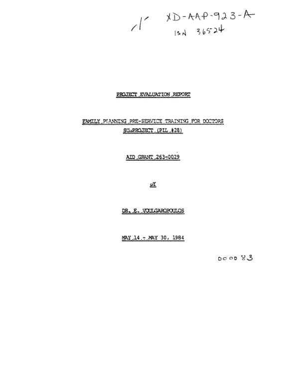 Project evaluation report : family planning pre-service training for doctors subproject (PIL #28)