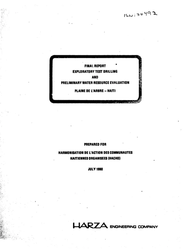 Final report : exploratory test drilling and preliminary water resource evaluation, Plaine de l'Arbre - Haiti