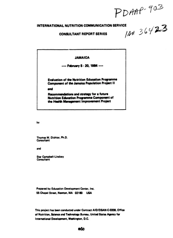 Jamaica, February 5-20, 1984 : evaluation of the Nutrition Education Programme Component of the Jamaica Population Project II and recommendations and strategy for a future Nutrition Education Programme Component of the Health Management Improvement Project