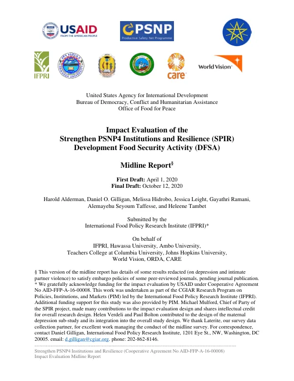 Impact evaluation of the strengthen PSNP4 institutions and resilience (SPIR) development food security activity (DFSA) : midline report