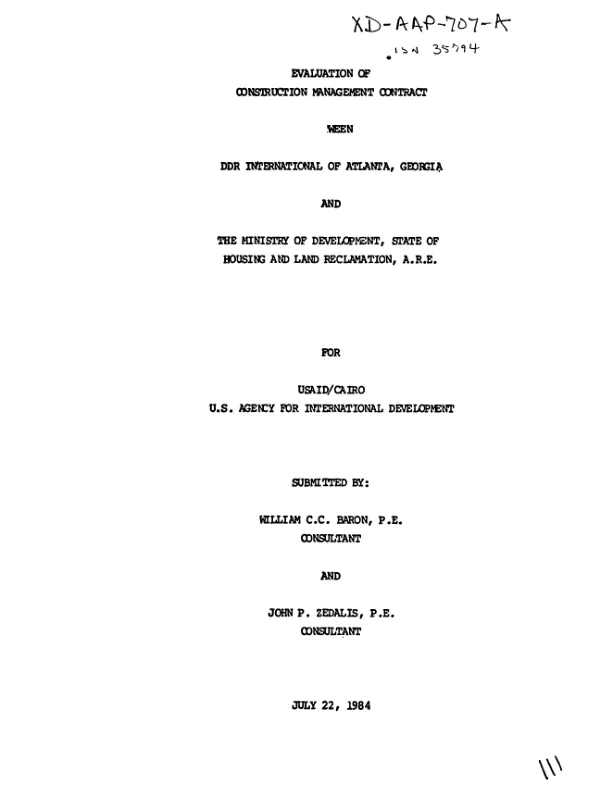 Evaluation of construction management contract between DDR International of Atlanta, Georgia and the Ministry of Development, State of Housing and Land Reclamation, A.R.E.