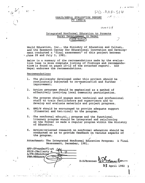USAID/Nepal evaluation report, FY 1982-6 : integrated nonformal education to promote rural development in Nepal