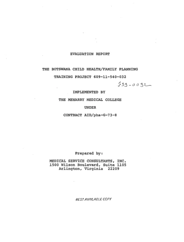 Evaluation report : the Botswana child health/family planning training project, 609-11-540-032