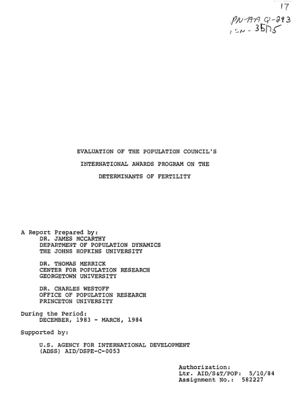 Evaluation of the Population Council's international awards program on the determinants of fertility