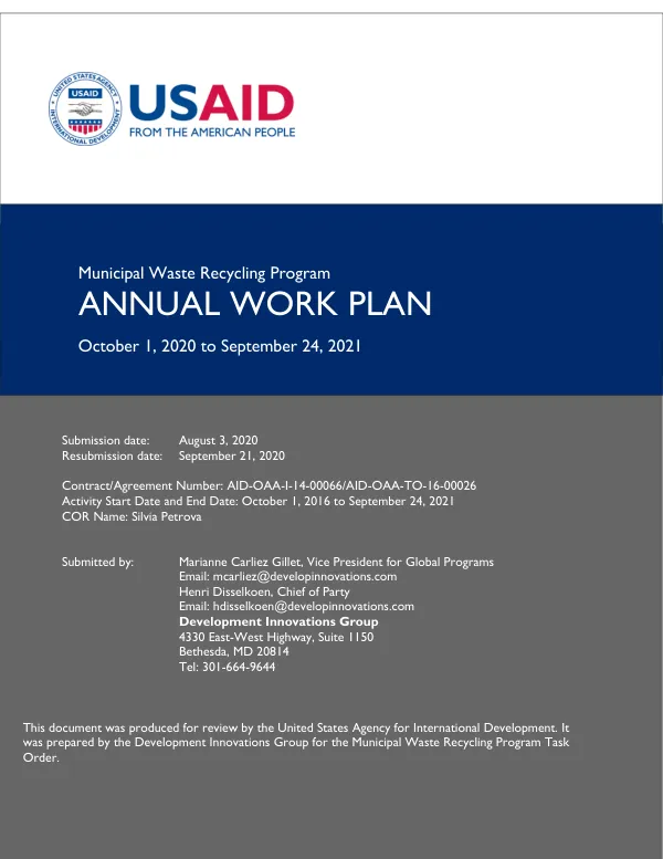Municipal Waste Recycling Program Annual Work Plan; October 1, 2020 to September 24, 2021