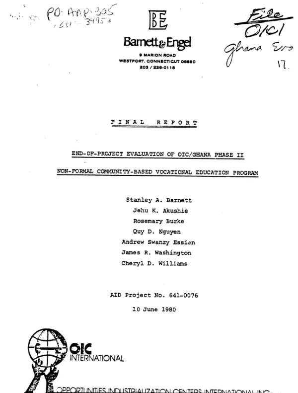 Final report : end-of-project evaluation of OIC/Ghana phase II non-formal community-based vocational education program