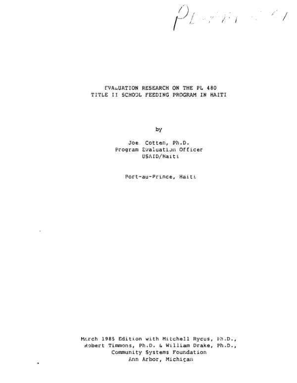 Evaluation research on the PL-480 Title II school feeding program in Haiti