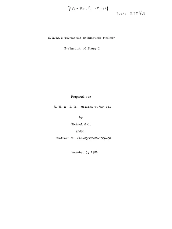 SCIENCE AND TECHNOLOGY DEVELOPMENT PROJECT - - EVALUATION OF PHASE I