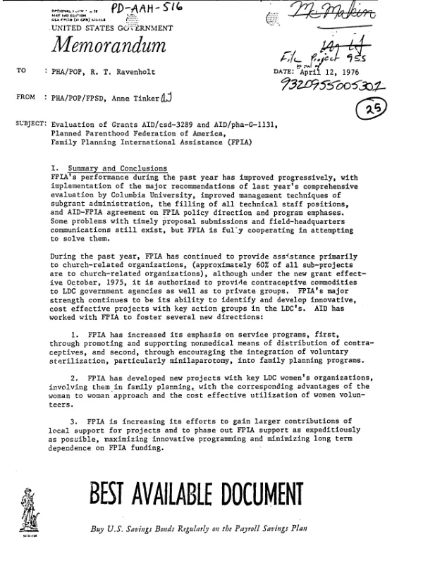 EVALUATION OF GRANTS AID/CSD-3289 AND AID/PHA-G-1131, PLANNED PARENTHOOD FEDERATION OF AMERICA, FAMILY PLANNING INTERNATIONAL ASSISTANCE