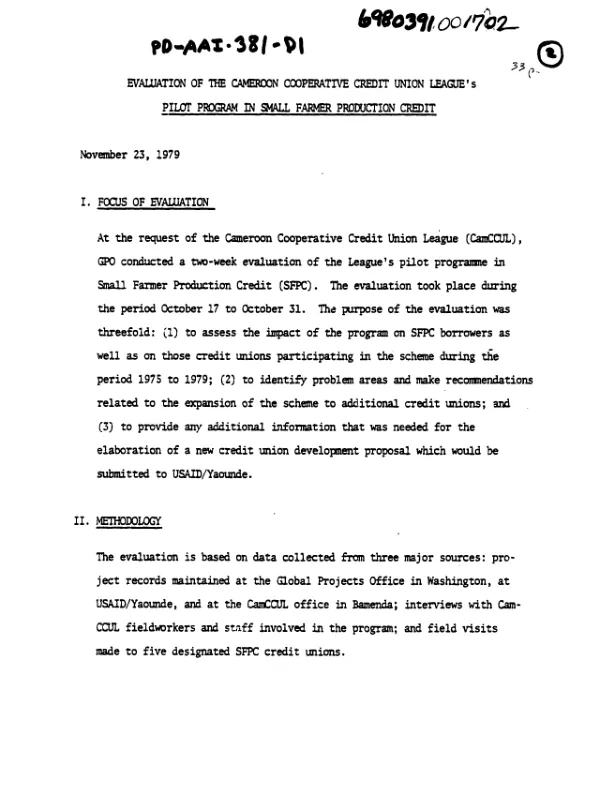 EVALUATION OF THE CAMEROON COOPERATIVE CREDIT UNION LEAGUE'S PILOT PROJECT IN SMALL FARMER PRODUCTION CREDIT