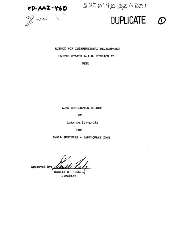 LOAN COMPLETION REPORT OF LOAN NO. 527-L-053 FOR SMALL BUSINESS - EARTHQUAKE ZONE, PERU