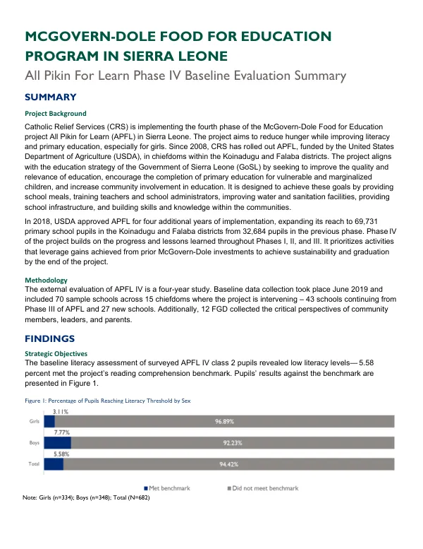 [USDA FY 2018] McGovern-Dole food for education program in Sierra Leone : all pikin for learn phase IV baseline evaluation summary : summary