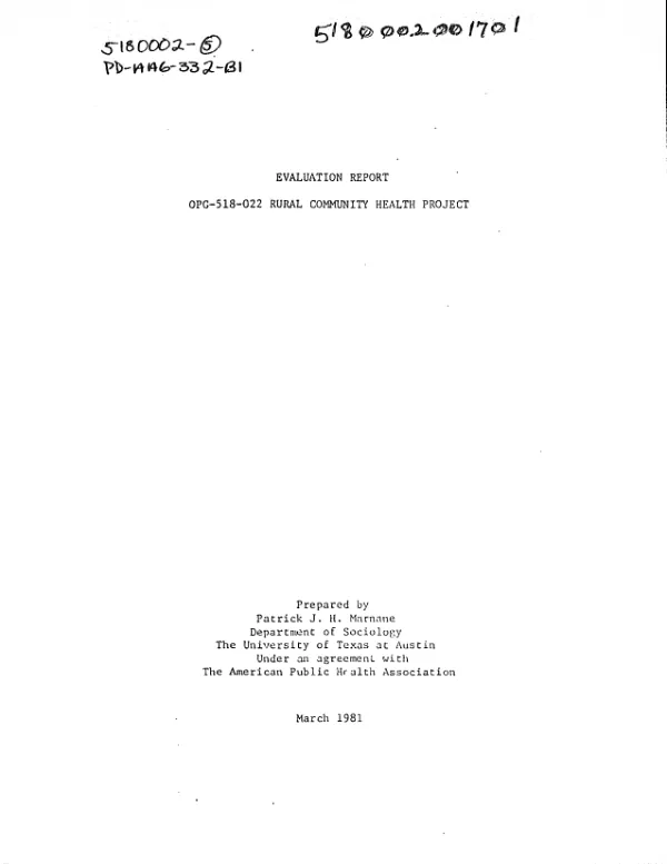 EVALUATION REPORT - OPG-518-022 RURAL COMMUNITY HEALTH PROJECT