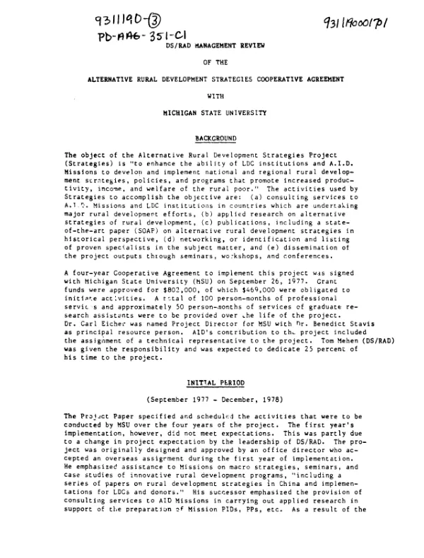DS/RAD MANAGEMENT REVIEW OF THE ALTERNATIVE RURAL DEVELOPMENT STRATEGIES COOPERATIVE AGREEMENT WITH MICHIGAN STATE UNIVERSITY.