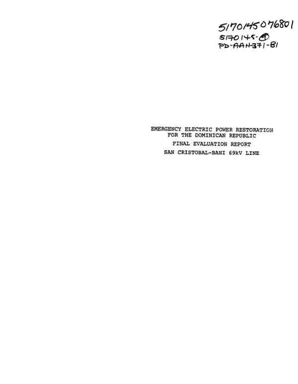 EMERGENCY ELECTRIC POWER TRANSMISSION FOR THE DOMINICAN REPUBLIC FINAL EVALUATION REPORT - SAN CRISTOBAL-BANI 69KV LINE