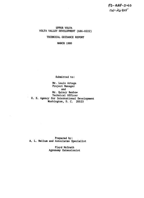 VOLTA VALLEY DEVELOPMENT : TECHNICAL GUIDANCE REPORT MARCH 1980