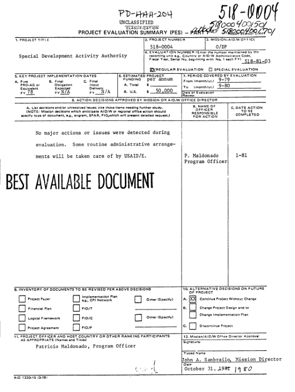 EVALUATION OF THE SPECIAL DEVELOPMENT ACTIVITY AUTHORITY FOR FY 1979