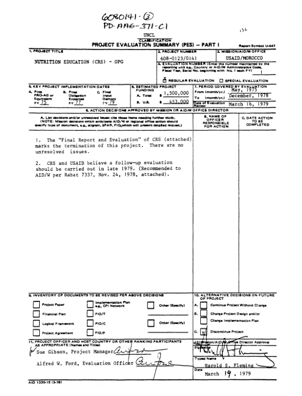 FINAL REPORT AND EVALUATION OF NUTRITION EDUCATION PROJECT; CATHOLIC RELIEF SERVICES/MOROCCO; GRANT NUMBER : AID/NESA-G-1169