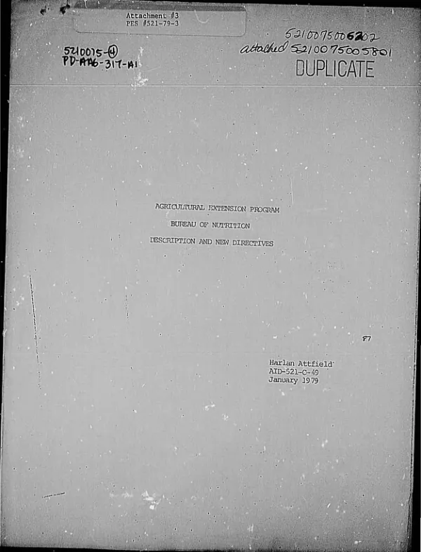 AGRICULTURAL EXTENSION PROGRAM, BUREAU OF NUTRITION, DESCRIPTION AND NEW DIRECTIONS