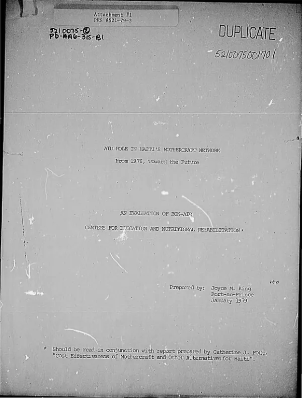AID ROLE IN HAITI'S MOTHERCRAFT NETWORK FROM 1976, TOWARD THE FUTURE