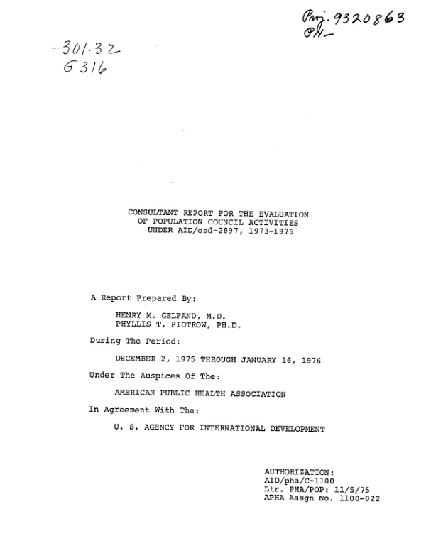 CONSULTANT REPORT FOR THE EVALUATION OF POPULATION COUNCIL ACTIVITIES UNDER AID/CSD-2897, 1973-1975
