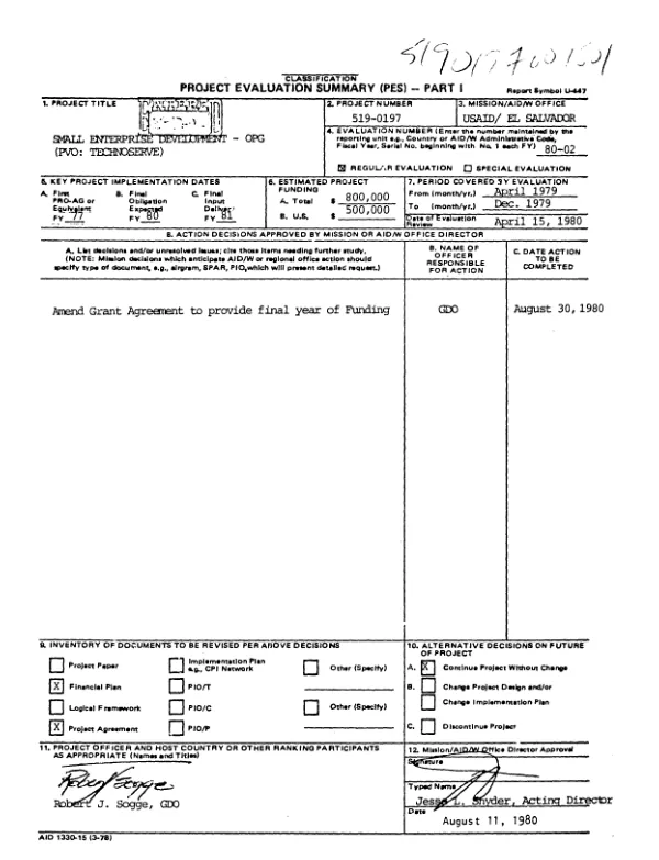 EVALUATION REPORT OF TECHNOSERVE INC. SUBMITTED TO USAID/EL SALVADOR MISSION