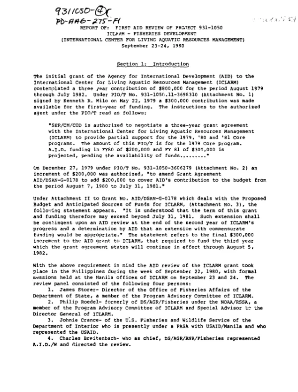 REPORT OF : FIRST AID REVIEW OF PROJECT 931-1050 - ICLARM - FISHERIES DEVELOPMENT (INTERNATIONAL CENTER FOR LIVING AQUATIC RESOURCES MANAGEMENT) SEPTEMBER 23-24, 1980