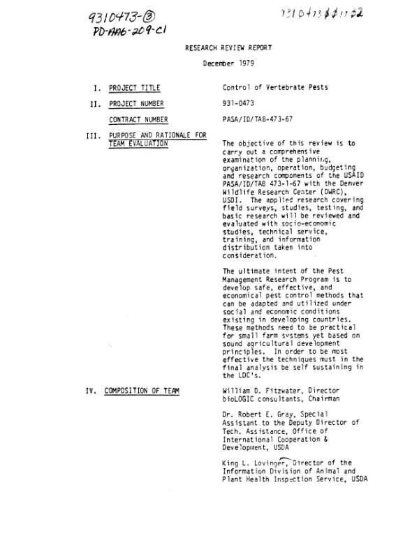 CONTROL OF VERTEBRATE PESTS - RESEARCH REVIEW REPORT