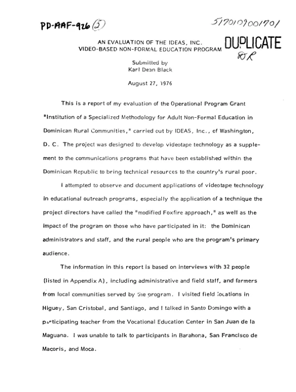 EVALUATION OF THE IDEAS, INC., VIDEO-BASED NON-FORMAL EDUCATION PROGRAM