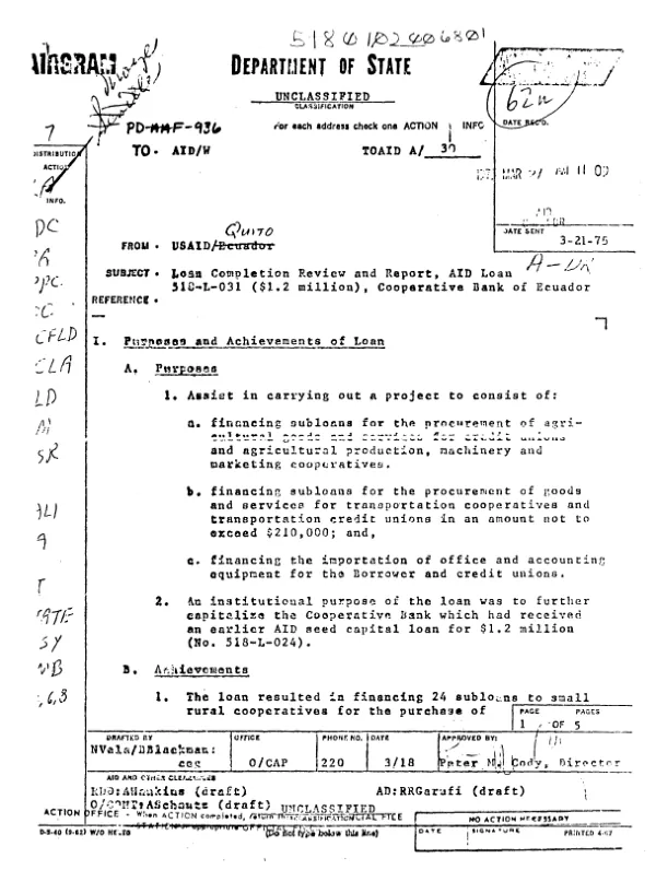 LOAN COMPLETION REVIEW AND REPORT, AID LOAN 518-L-031 ($1.2 MILLION), COOPERATIVE BANK OF ECUADOR