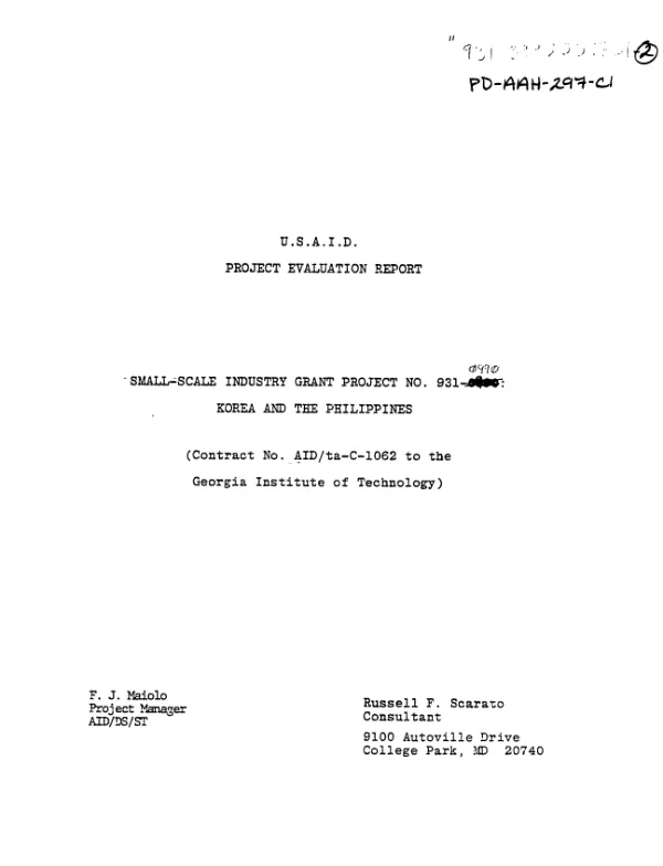 USAID PROJECT EVALUATION REPORT : small-scale INDUSTRY GRANT PROJECT NO. 931-0990 - KOREA AND THE PHILIPPINES