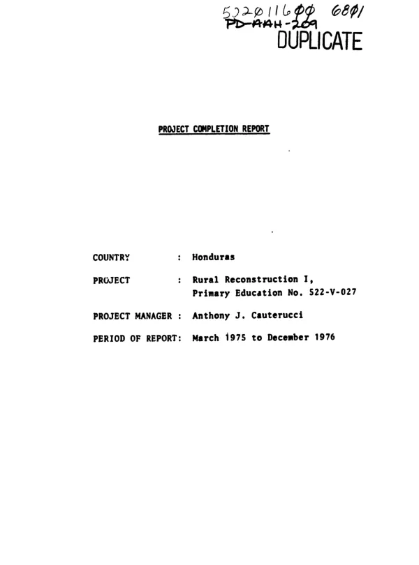 PRIMARY SCHOOL RECONSTRUCTION, PROJECT COMPLETION REPORT