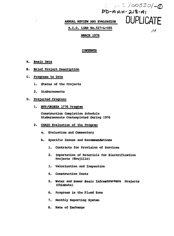 ANNUAL REVIEW AND EVALUATION AID LOAN NO. 527-L-005. MARCH 1976