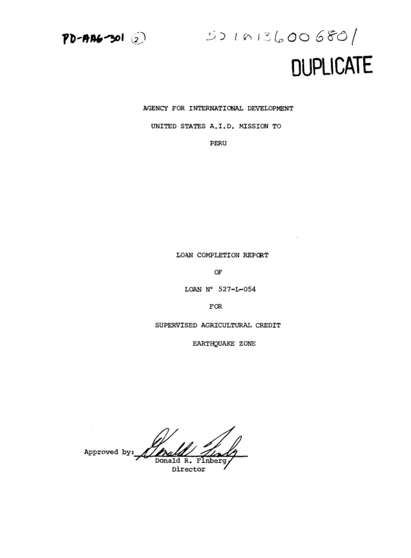 LOAN COMPLETION REPORT OF LOAN #527-L-054 FOR SUPERVISED AGRICULTURAL CREDIT-EARTHQUAKE ZONE