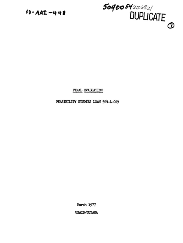 FINAL REPORT, FEASIBILITY STUDIES LOAN 504-L-009.