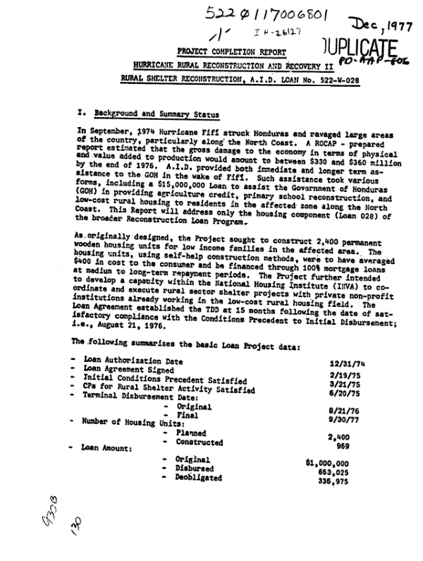 PROJECT COMPLETION REPORT - HURRICANE RURAL RECONSTRUCTION AND RECOVERY II : RURAL SHELTER RECONSTRUCTION, AID LOAN NO. 522-W-028