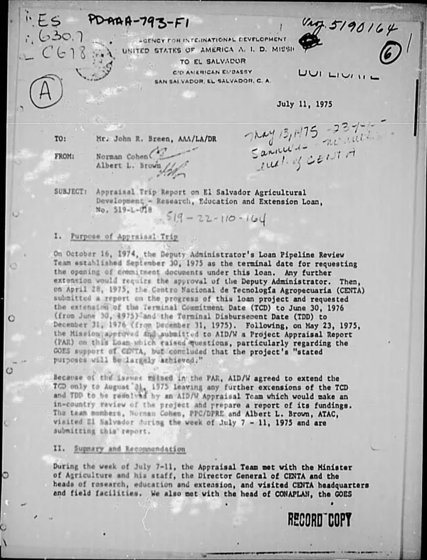 APPRAISAL TRIP REPORT ON EL SALVADOR AGRICULTURAL DEVELOPMENT - RESEARCH, EDUCATION AND EXTENSION LOAN, NO. 519-L-018
