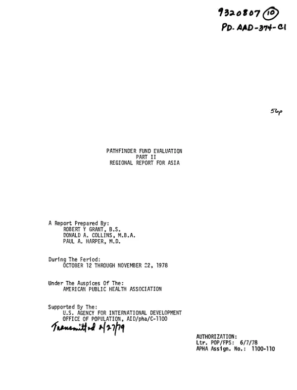 PATHFINDER FUND EVALUATION PART II REGIONAL REPORT FOR ASIA. (10/12/78-11/22/78)